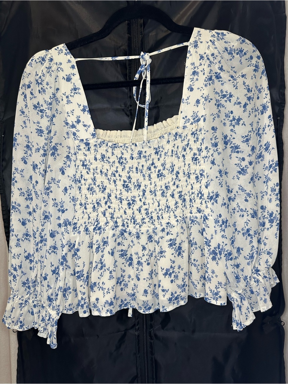 Reformation Blue & White Smocked Floral Peasant braelyn Blouse